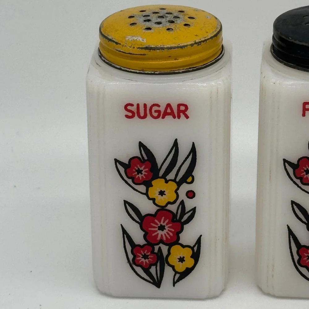 Vintage McKee Tipp City Milk Glass Sugar Salt Pepper Range Shaker Set Flower 40s